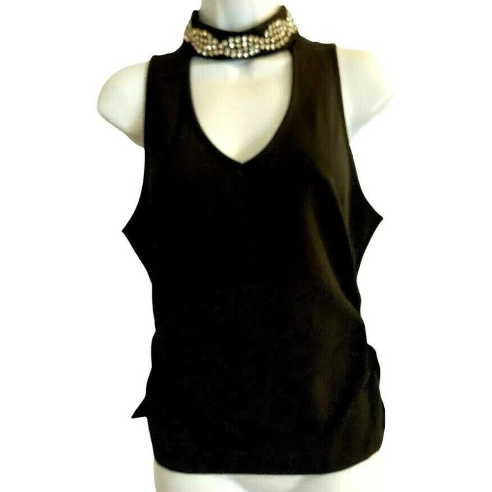 La Rambla Black Sleeveless Top Womens Size S Jeweled High Neck Shirt NWT